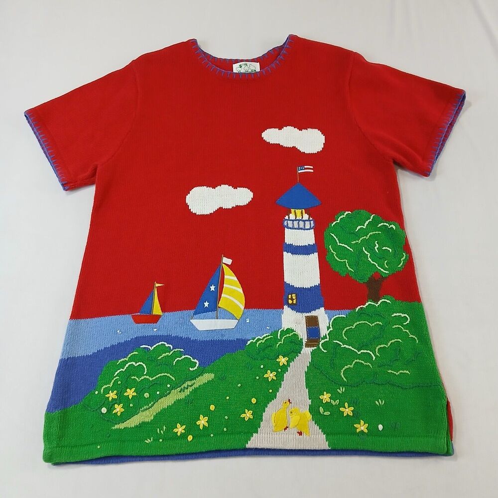 Vintage Quacker Factory Sweater Large Lighthouse Sailing Sailboat Art to Wear